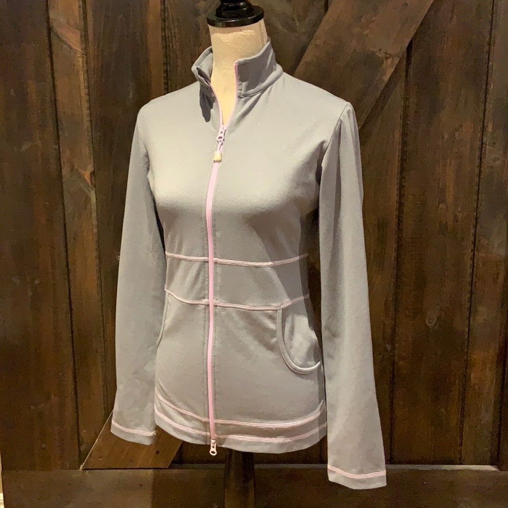 Triple flip grey and purple full zip sweater